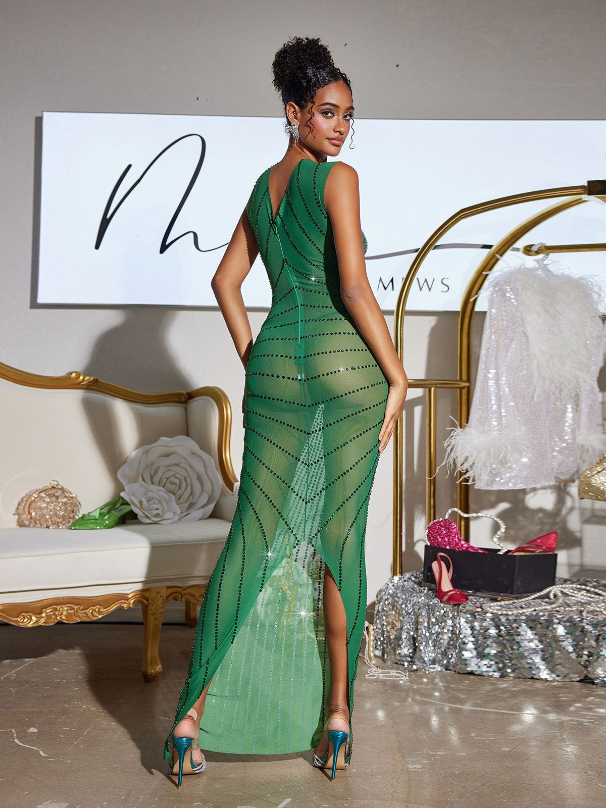 Abito Maxi Stampato con Strass Brody in Verde