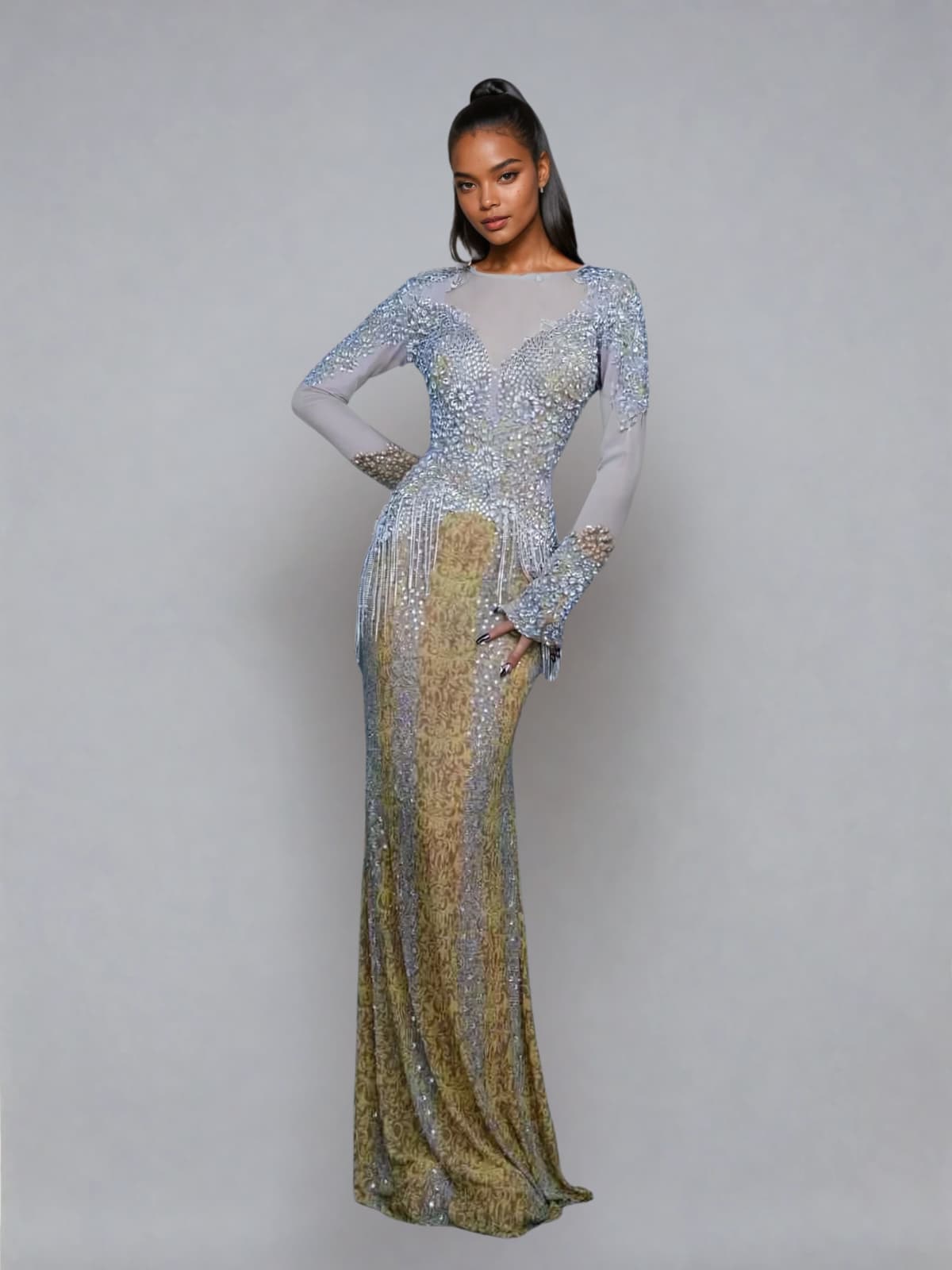 Abito Maxi con Frange e Cristalli Brynion