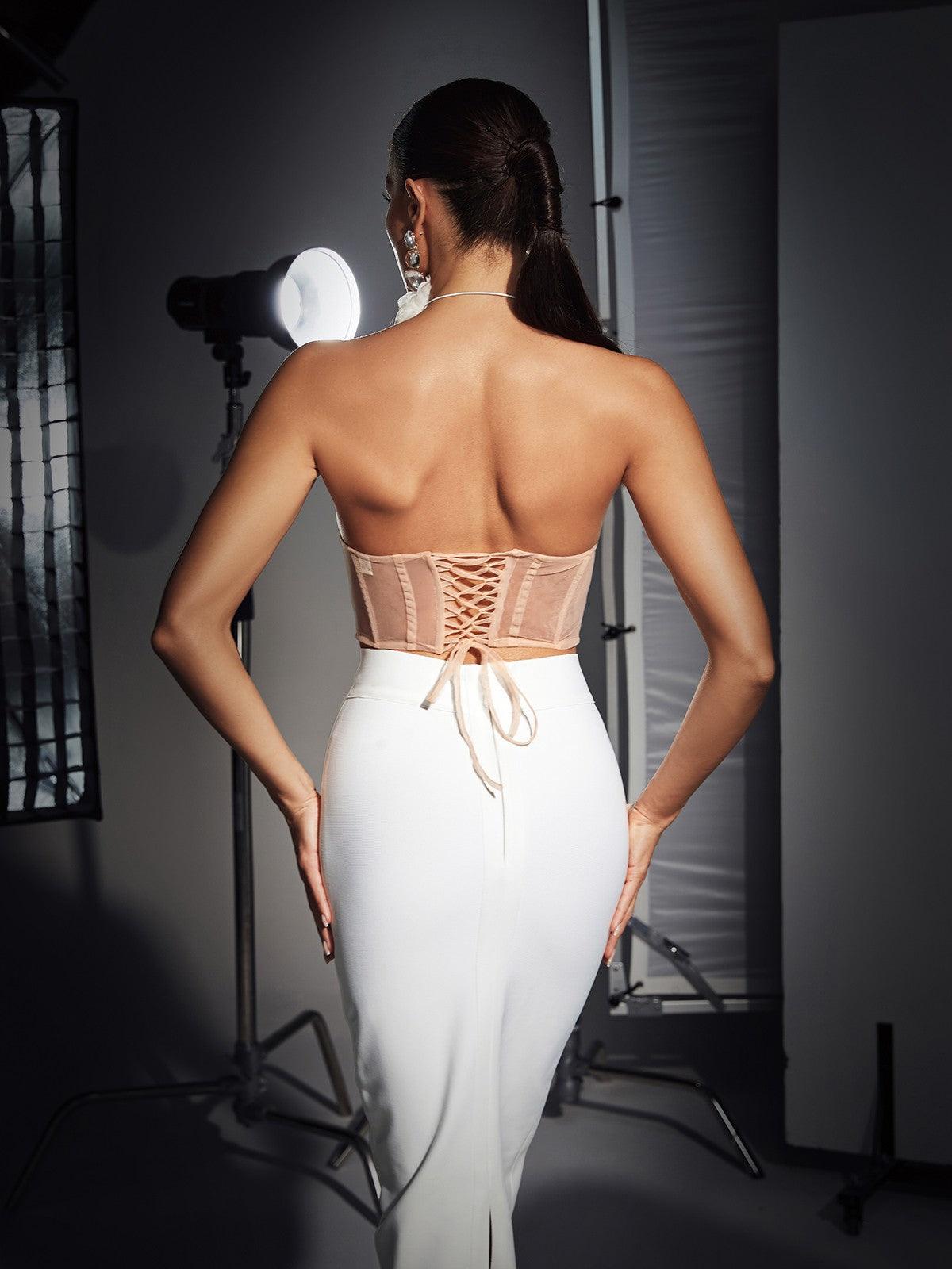 Top Corsetto Dana Shell Mesh con Lacci in Beige