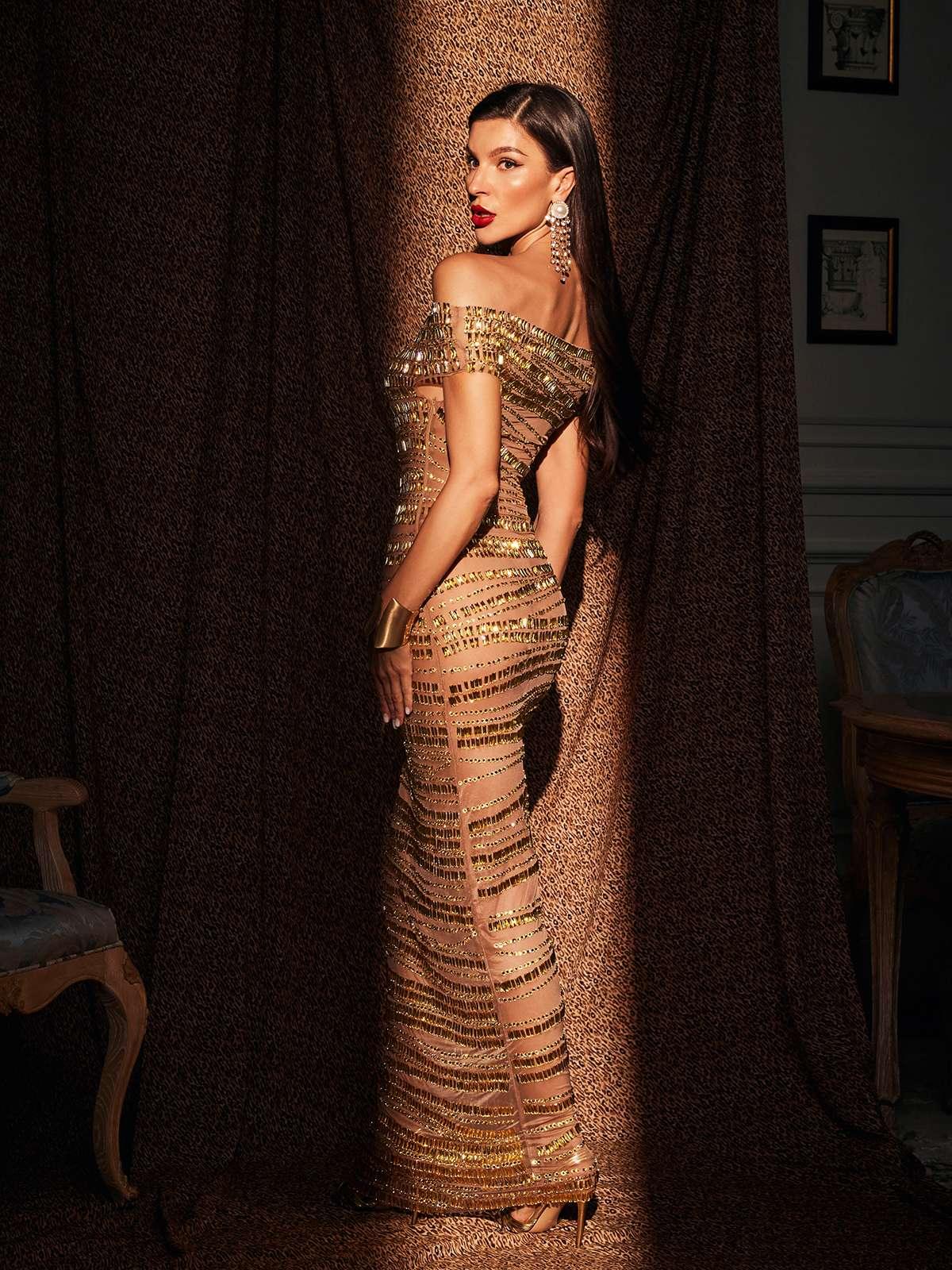 Eryx Abito Maxi in Rete con Strass Off Shoulder