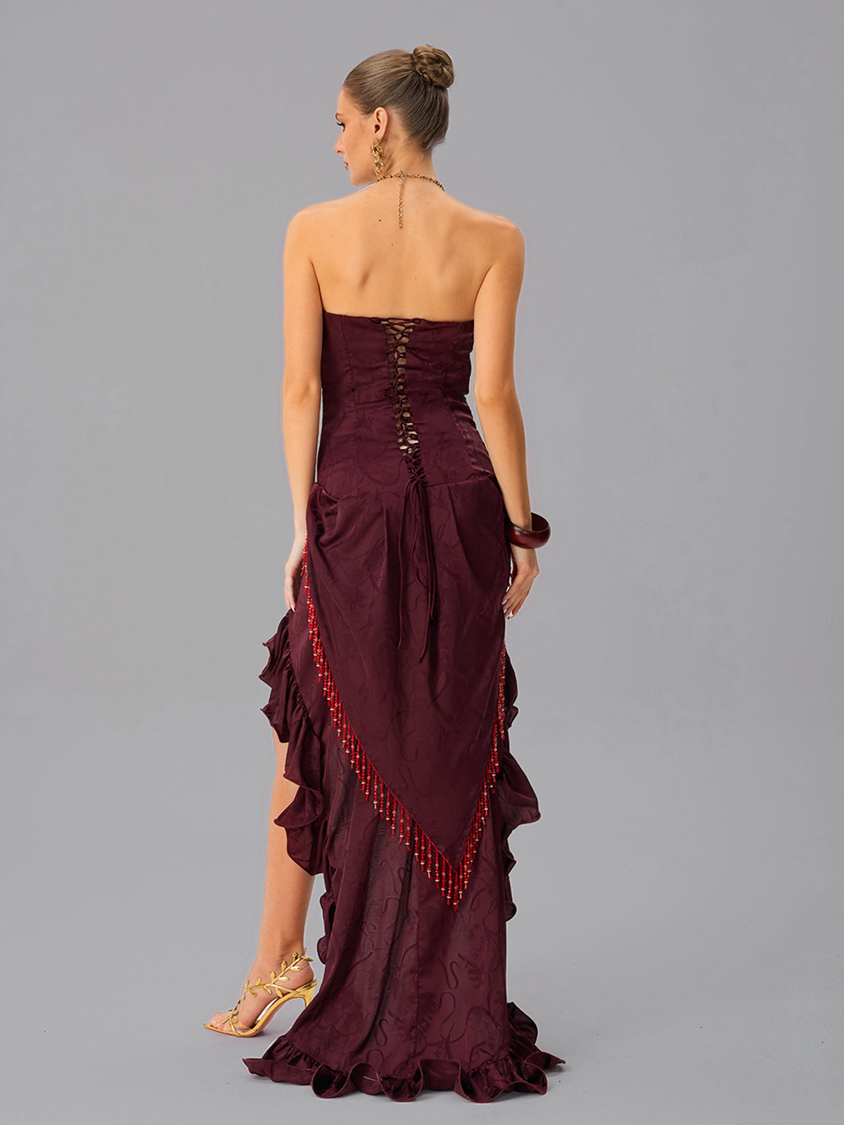 Abito Maxi A Balze Senza Spalline con Lace Up Jetskin