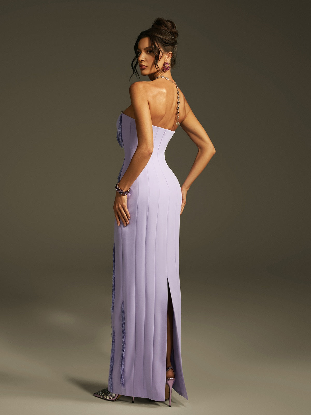 Abito Maxi Senza Spalline con Frange e Perline Lanica