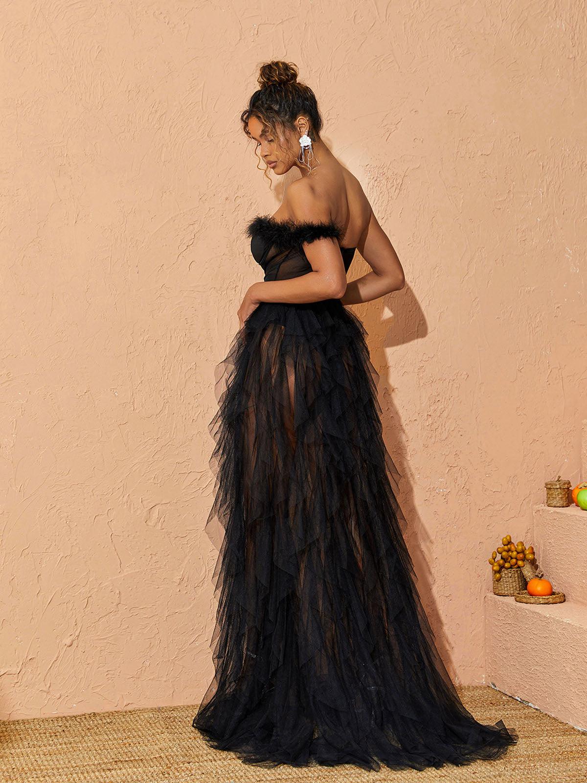 Abito Maxi in Tulle Titania con Spalla Scoperta in Nero