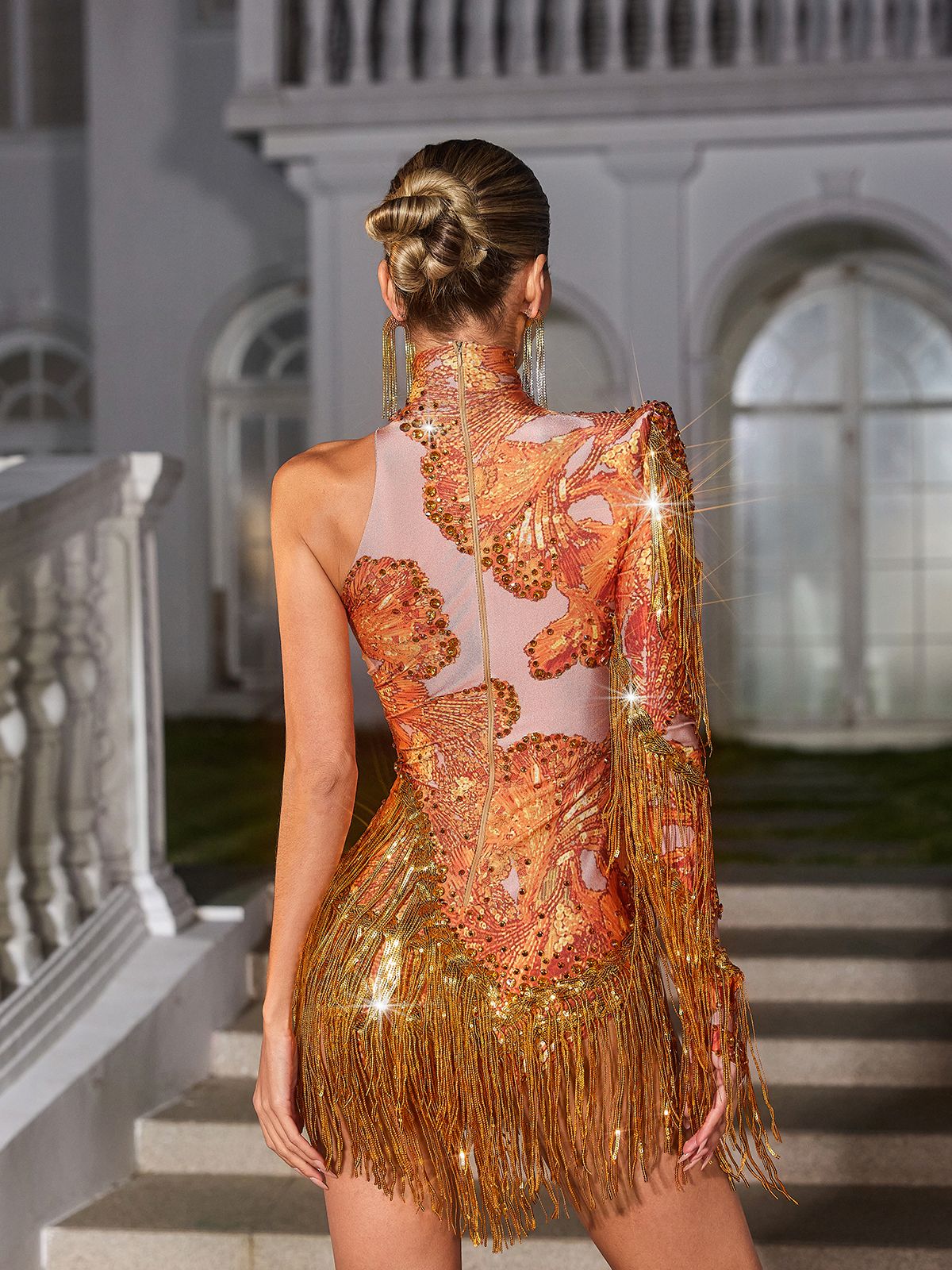 Body Shatora con Spallina Unica e Frange di Strass in Arancione