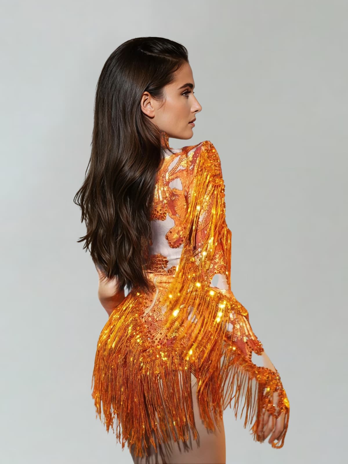 Body Shatora a Spalla Unica con Frange di Strass in Arancione