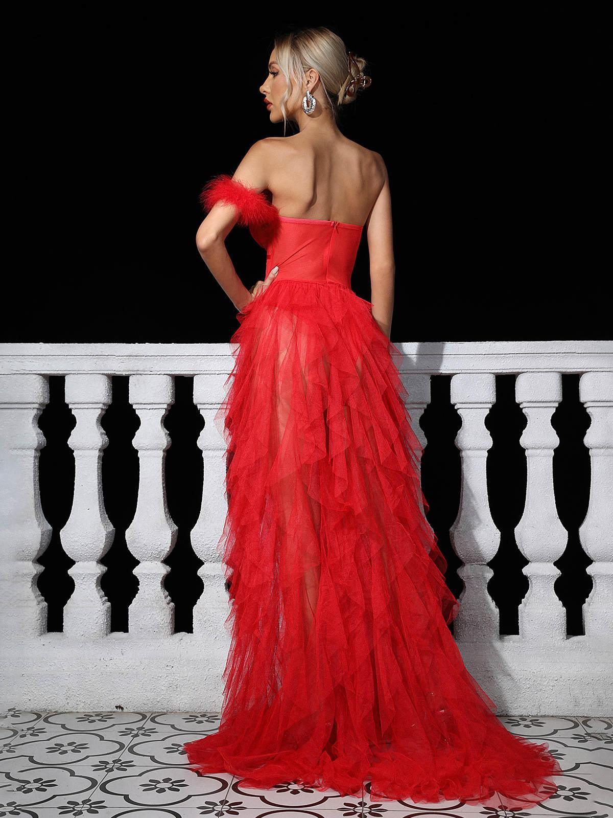 Abito Maxi in Tulle Titania a Spalla Unica in Rosso