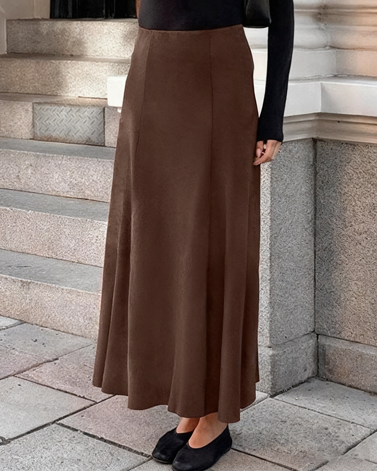 Gonna Midi A-Line a Vita Naturale Marrone