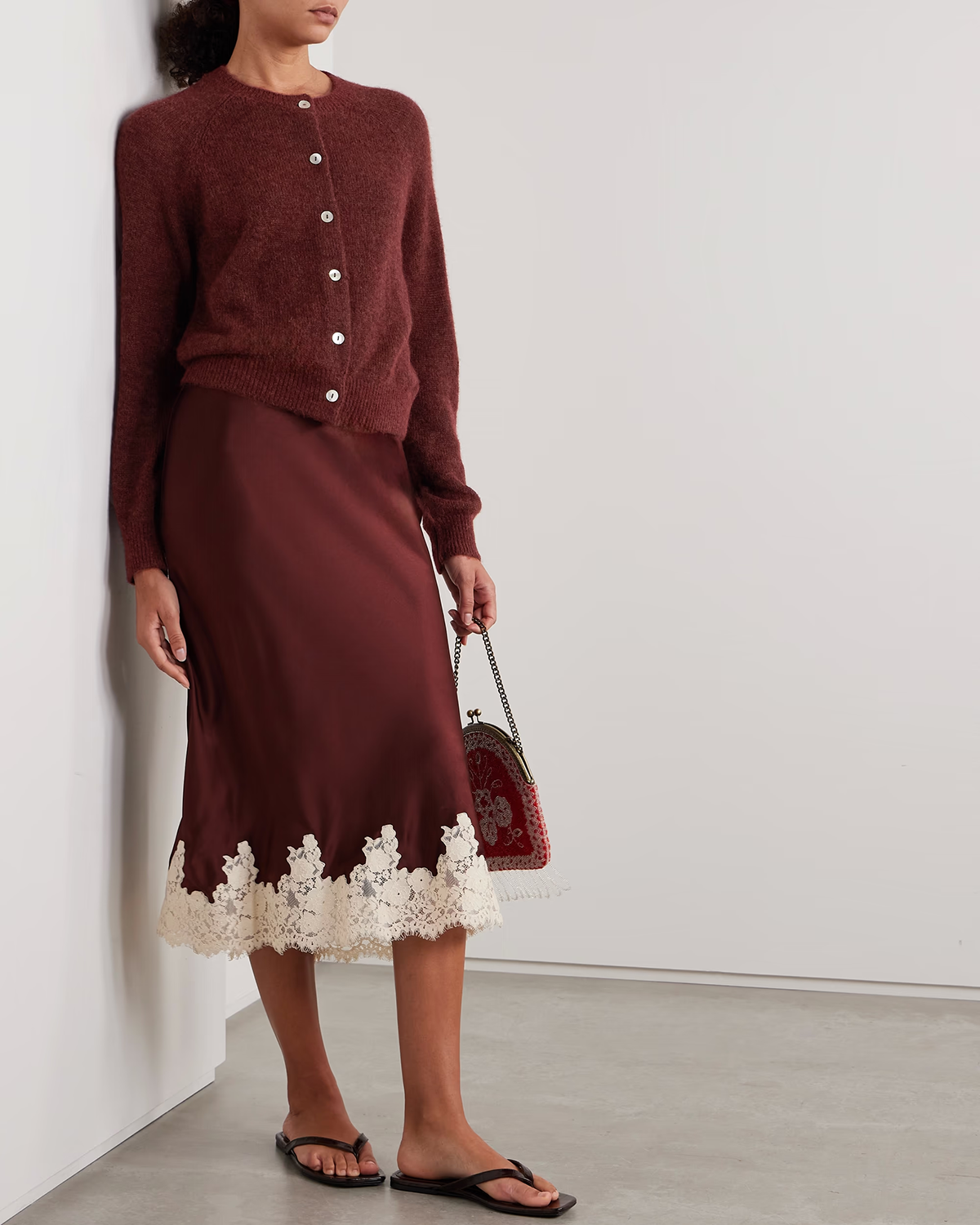 Gonna Midi Elasticizzata in Vita Contrasto Rosso Vino