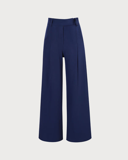 Pantaloni Dritti con Tasche a Vita Alta Navy