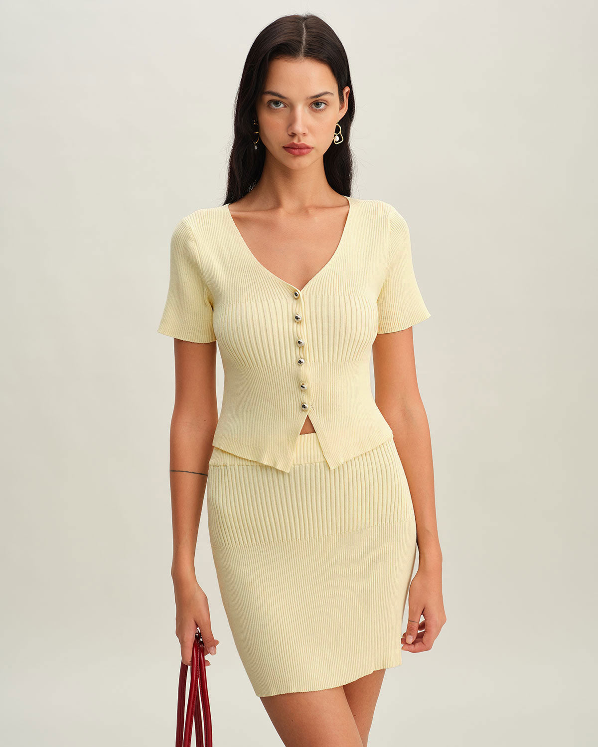 Gonna Mini a Maglia Beige con Vita Elastico