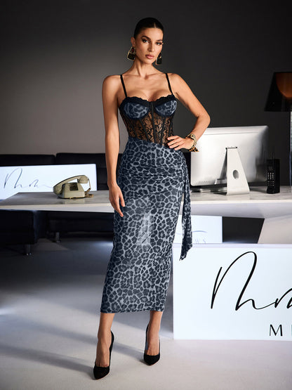 Abito Maxi in Pizzo Leopardo con Spaghetti Xanriel in Grigio