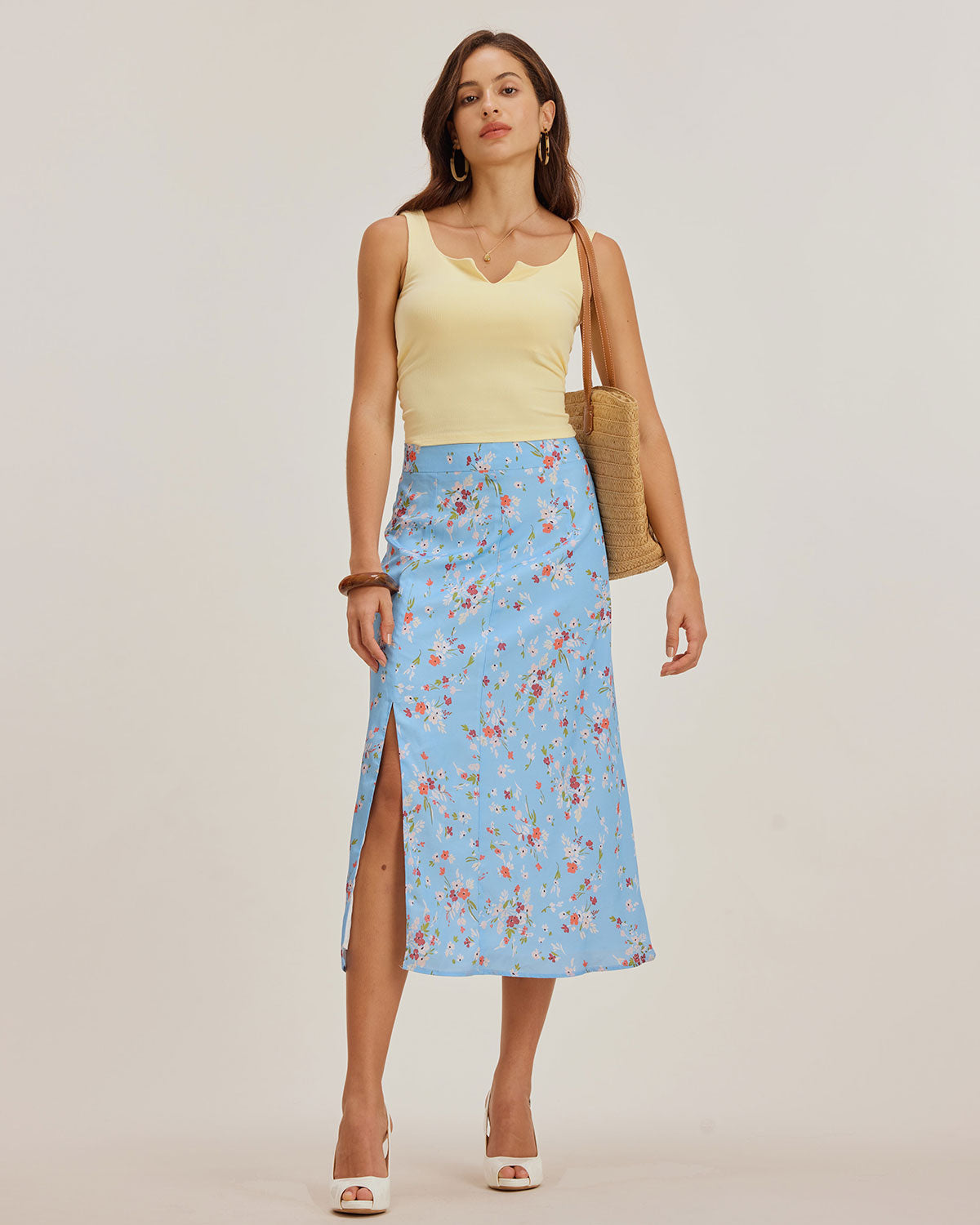 Gonna Midi A-Line Blu a Fiori con Spacco