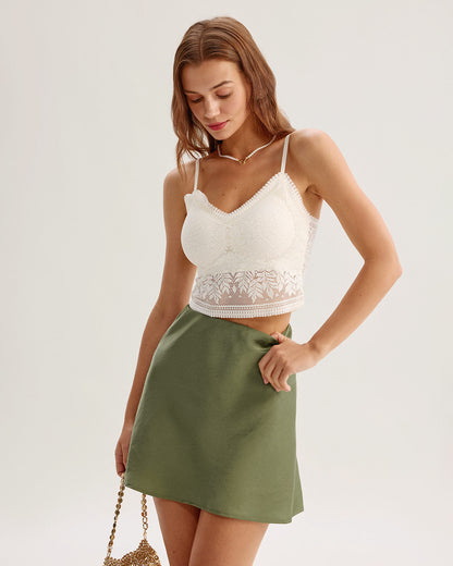 Gonna Mini A-Line in Raso Verde con Vita Elastica