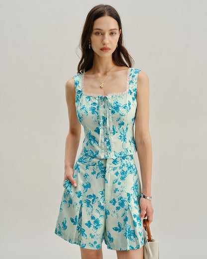 Shorts Blu a Fiori con Tasche