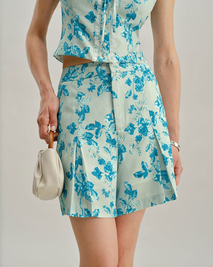 Shorts Blu a Fiori con Tasche