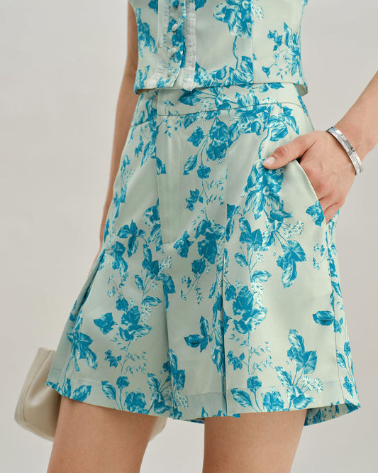 Shorts Blu a Fiori con Tasche