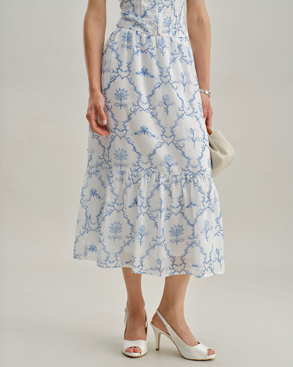 Gonna Midi a Balze Bianca con Fiori