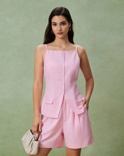 Shorts Rosa Arricciati con Tasche