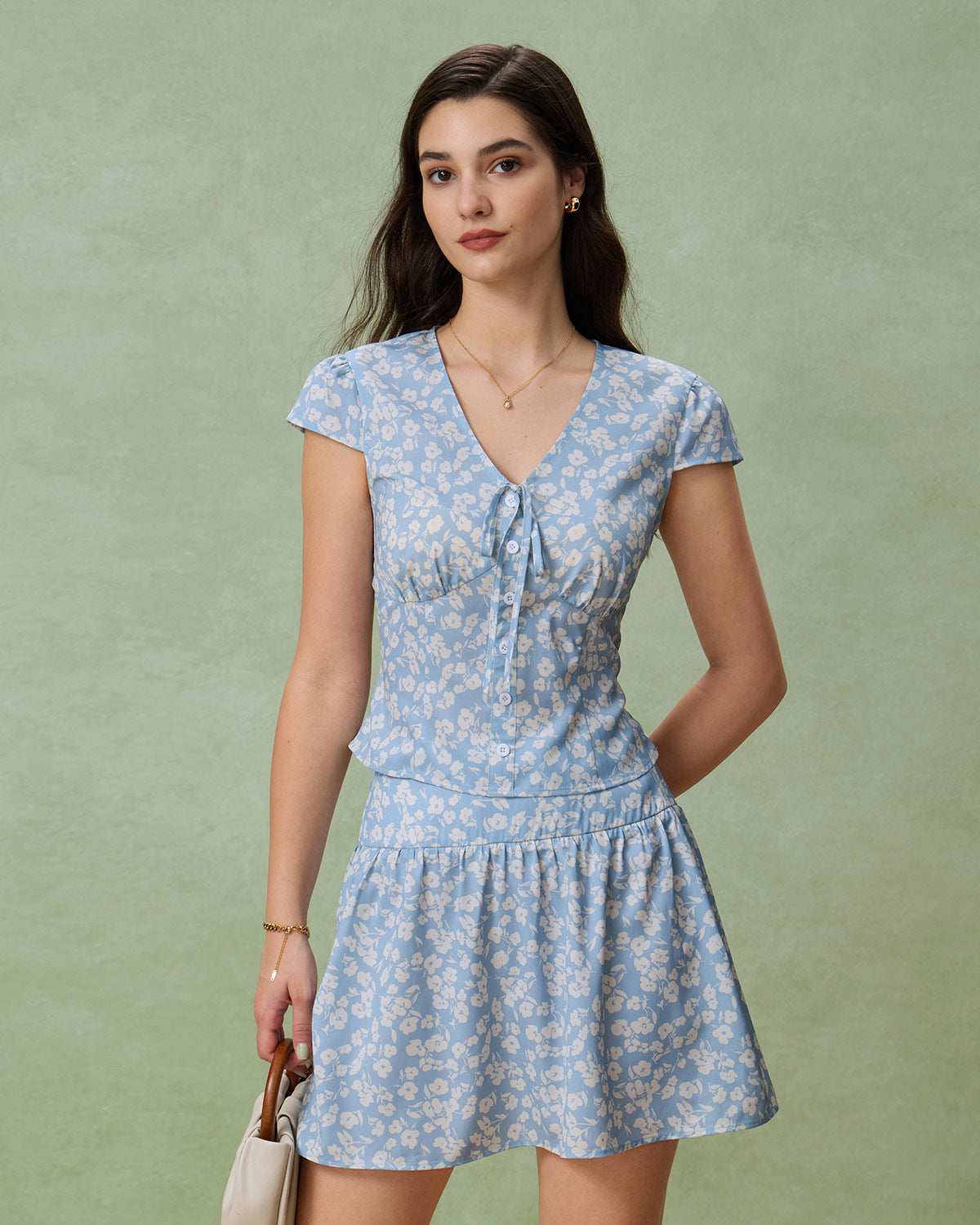 Gonna Mini A-Line Blu a Fiori