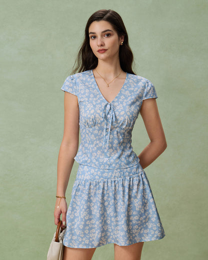 Gonna Mini A-Line Blu a Fiori