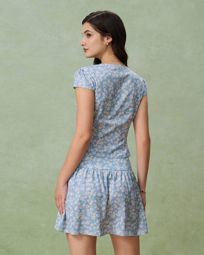 Gonna Mini A-Line Blu a Fiori