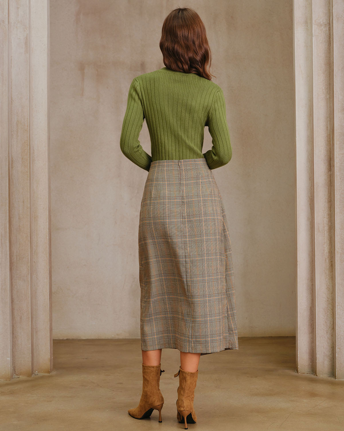 Gonna Midi Khaki a Quadri con Spacco