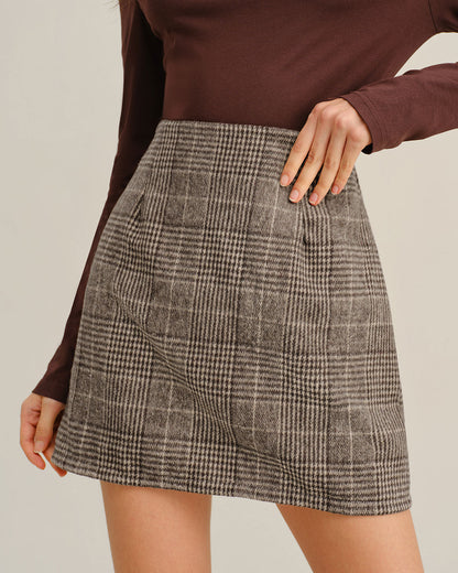 Gonna Mini Dritta a Quadri Marrone Retro