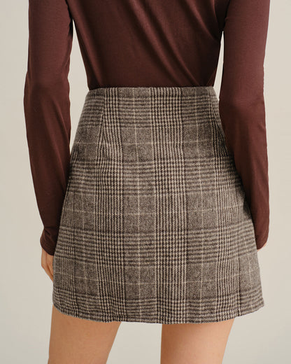 Gonna Mini Dritta a Quadri Marrone Retro