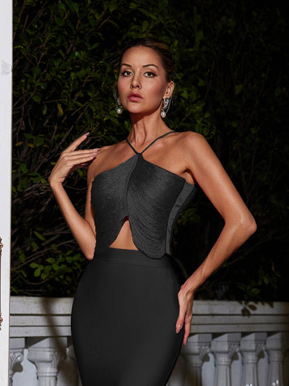 Top con Frange Bluma a Collo Halter in Nero