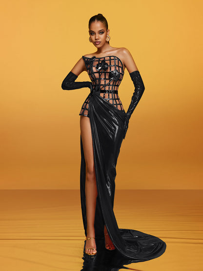 Abito Maxi Senza Spalline in Metallo Aethon Nero