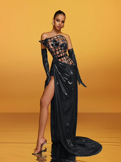 Abito Maxi Senza Spalline in Metallo Aethon Nero