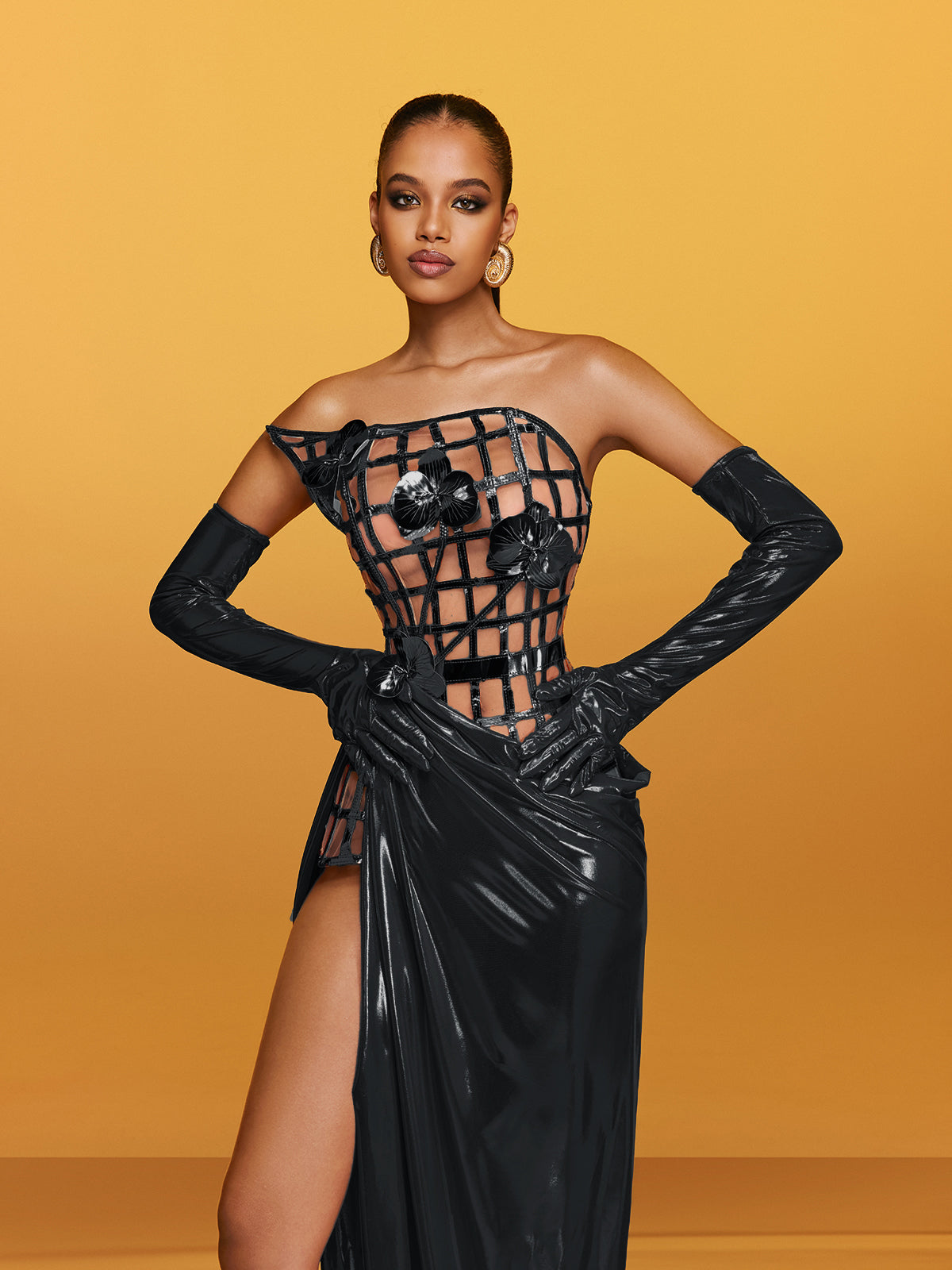 Abito Maxi Senza Spalline in Metallo Aethon Nero