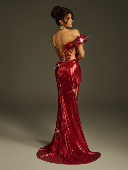 Abito Maxi Metallico con Spacco Fraziline Flower