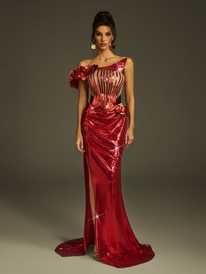 Abito Maxi Metallico con Spacco Fraziline Flower