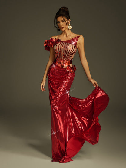 Abito Maxi Metallico con Spacco Fraziline Flower