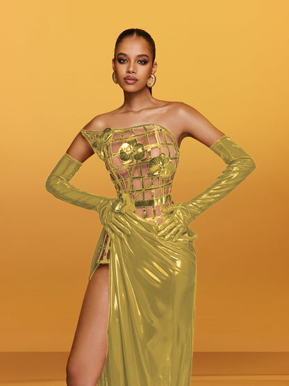 Abito Maxi Senza Spalline in Metallo Aethon con Fiori in Oro