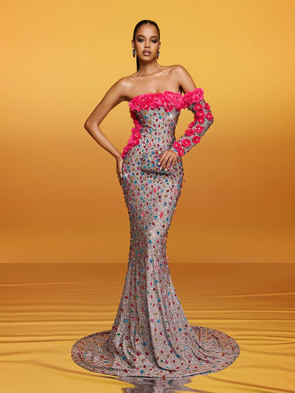 Abito Maxi Off Shoulder Alythia con Fiori e Cristalli