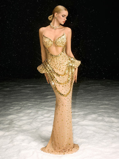 Abito Maxi Senza Spalline Arygon Con Cutout In Cristallo Oro