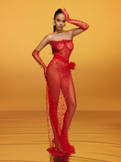 Abito Maxi Asterra Senza Spalline in Rete di Perle