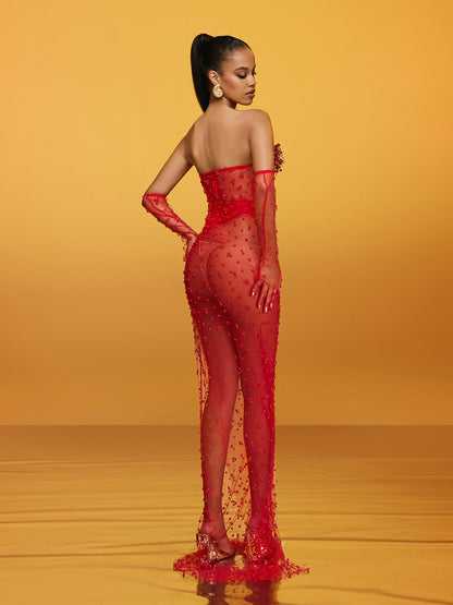 Abito Maxi Asterra Senza Spalline in Rete di Perle