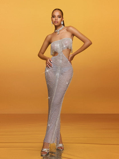 Abito Maxi Senza Spalline con Cutout e Frange Aurelis