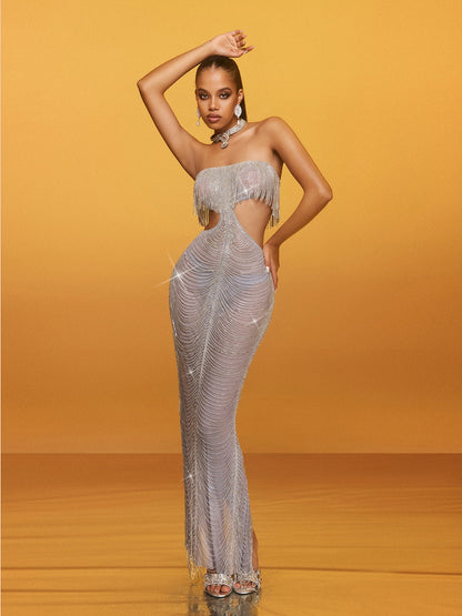 Abito Maxi Senza Spalline con Cutout e Frange Aurelis