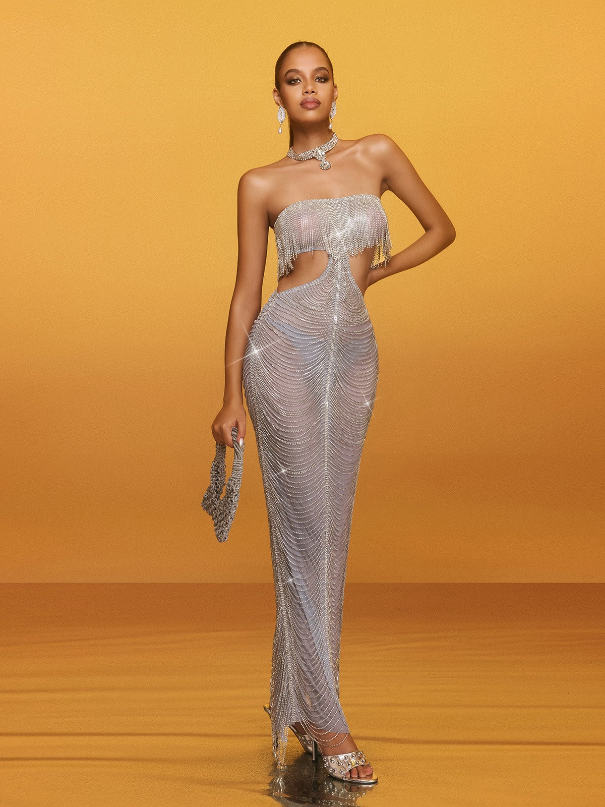 Abito Maxi Senza Spalline con Cutout e Frange Aurelis