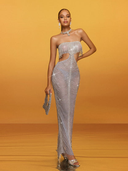 Abito Maxi Senza Spalline con Cutout e Frange Aurelis