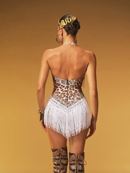 Body Leopard con Frange di Strass Azhor in Bianco