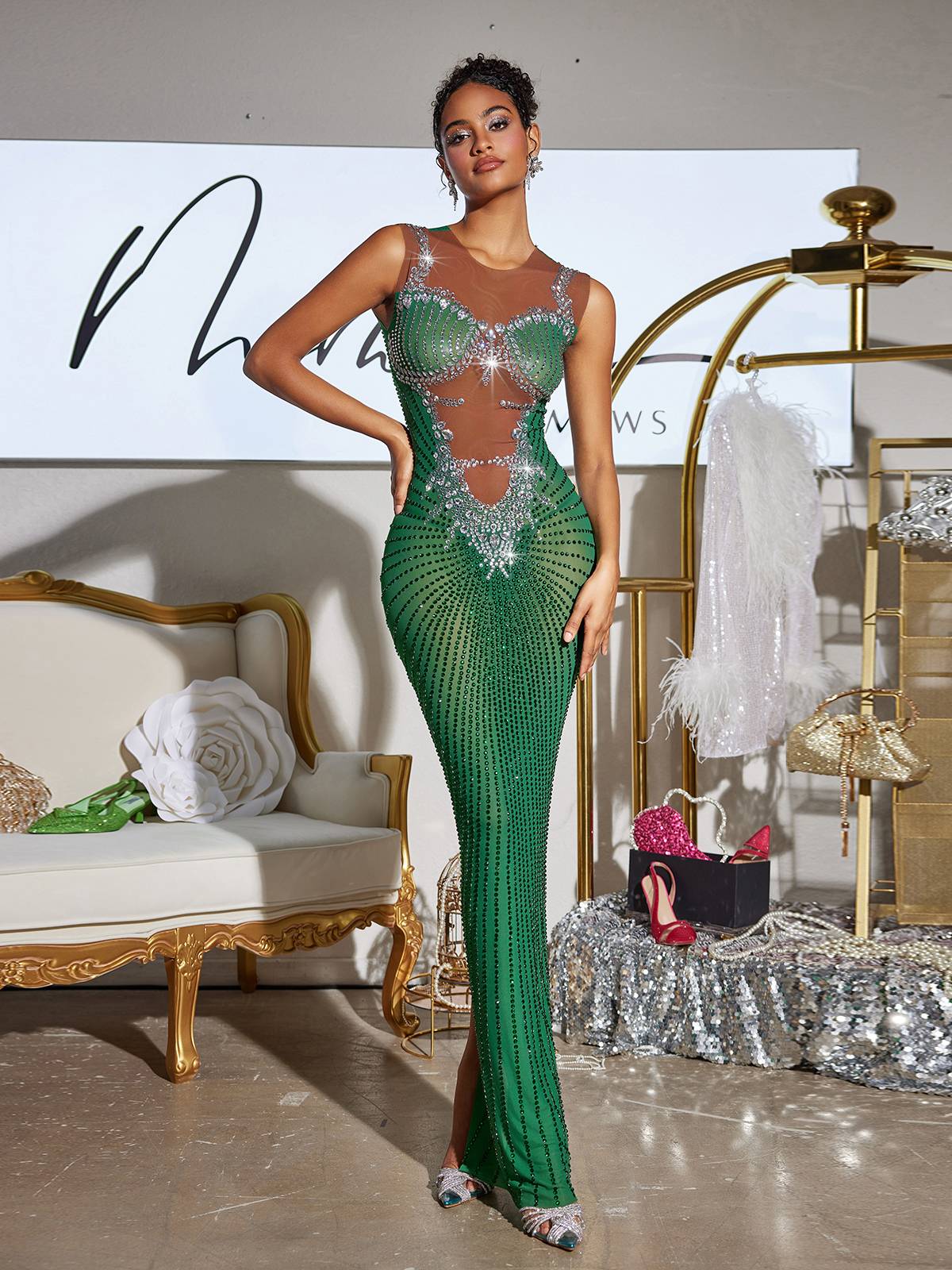 Abito Maxi Stampato con Strass Brody in Verde
