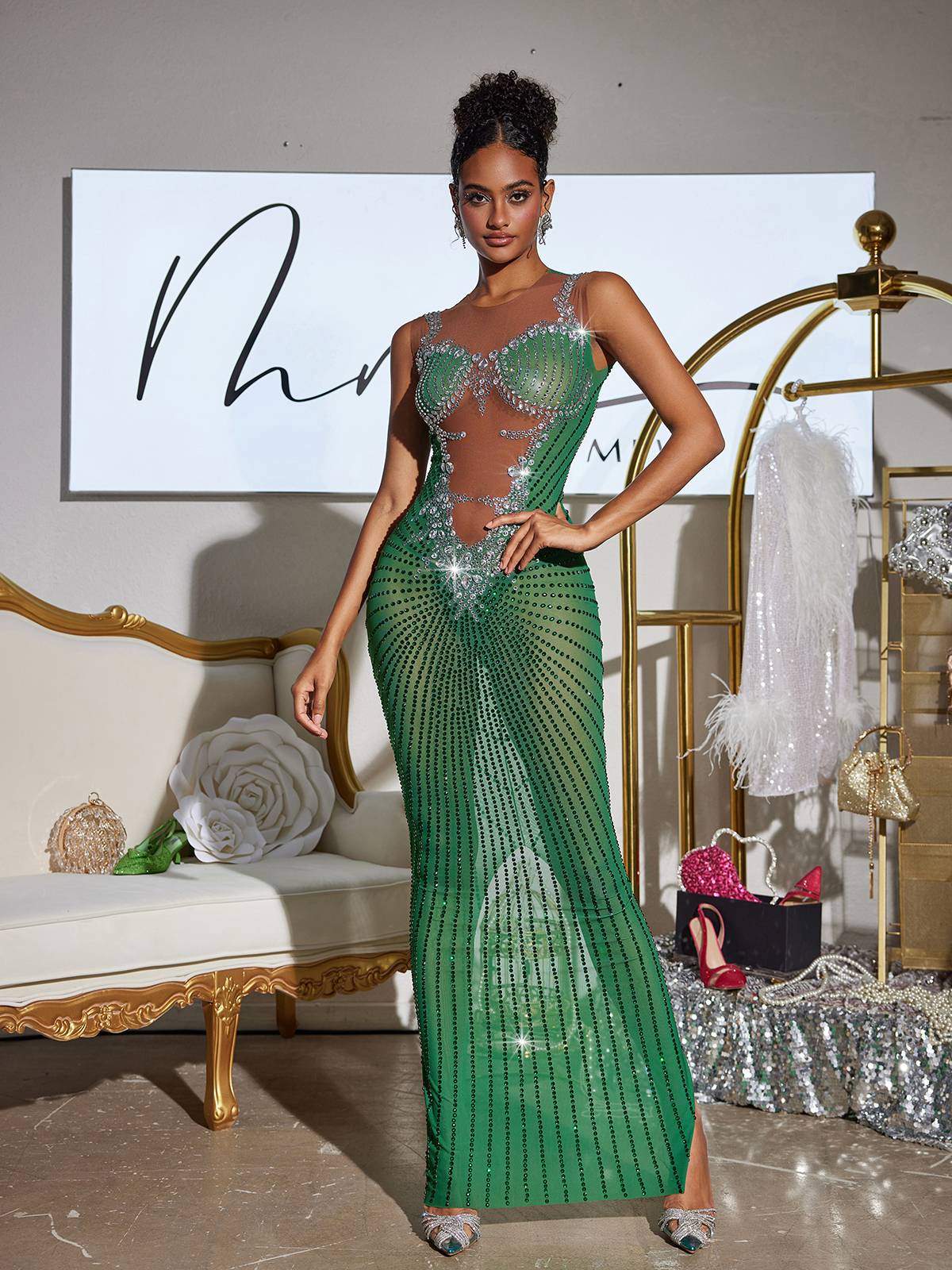 Abito Maxi Stampato con Strass Brody in Verde