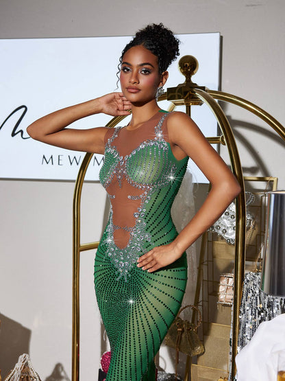 Abito Maxi Stampato con Strass Brody in Verde