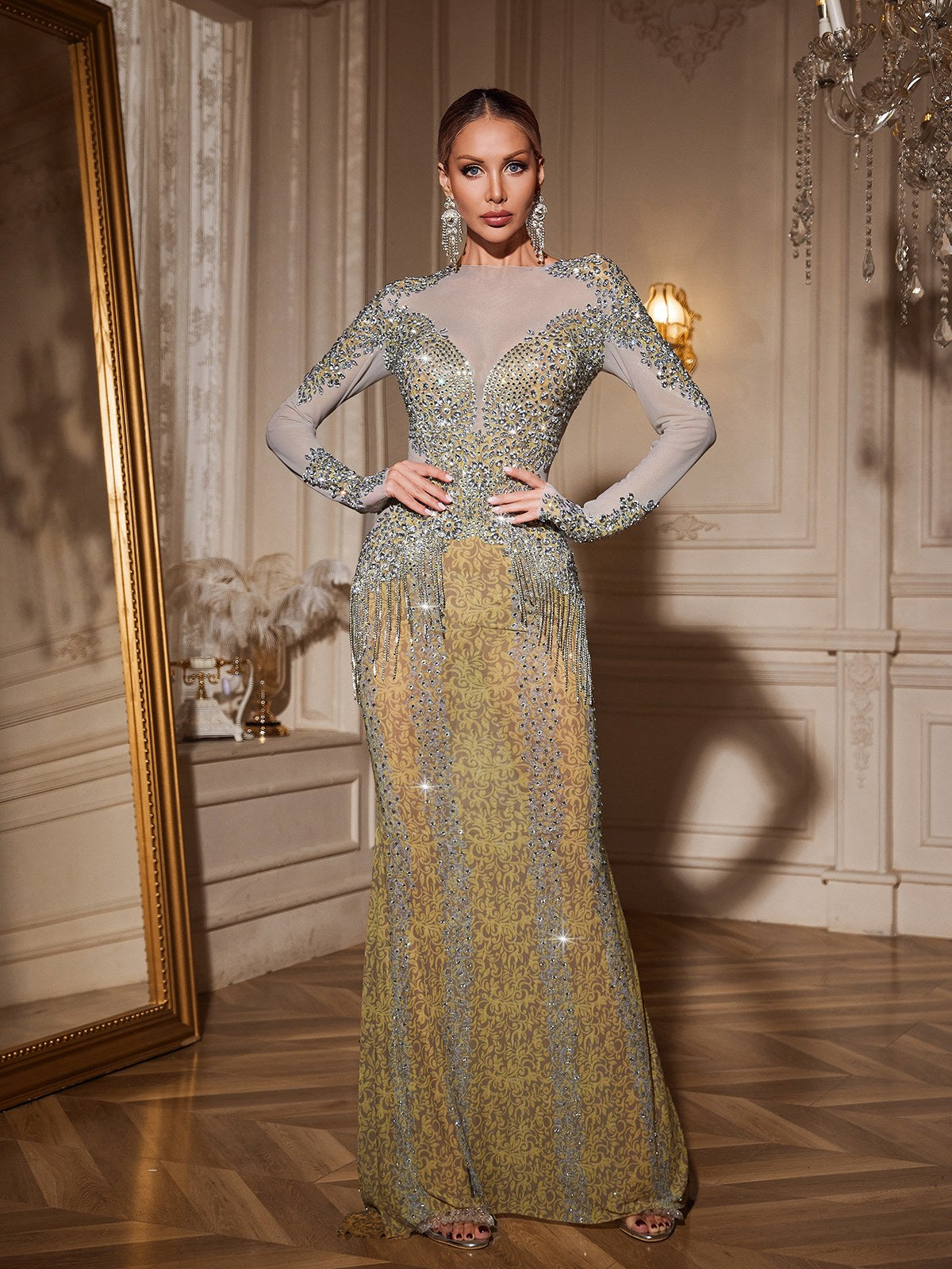 Abito Maxi con Frange e Cristalli Brynion