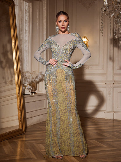 Abito Maxi con Frange e Cristalli Brynion